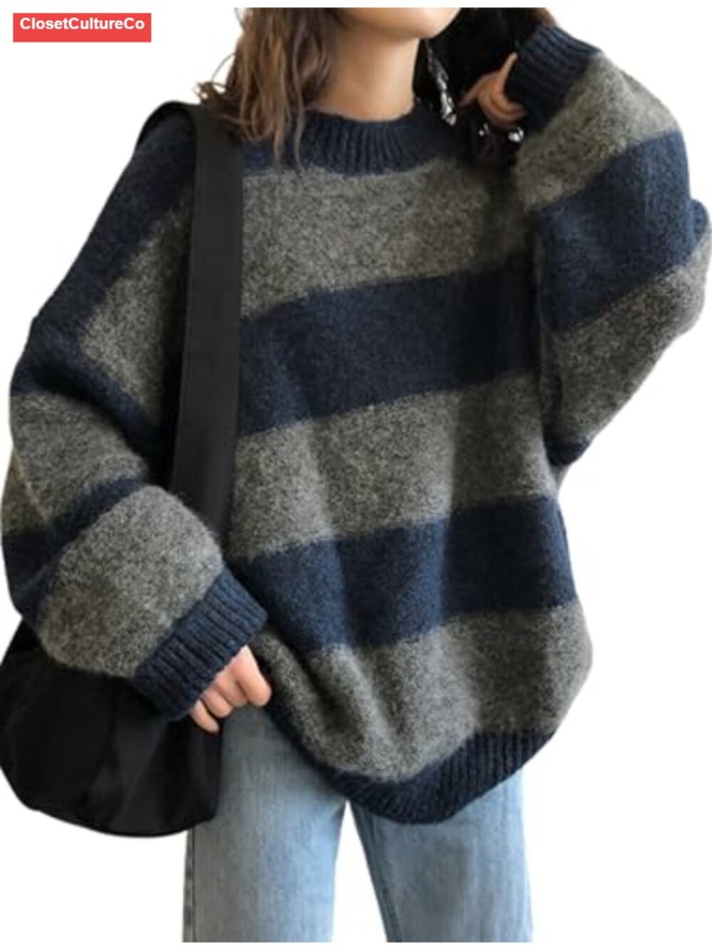 Oversized Striped Knit Pullover Sweater Crewneck Long Sleeve 100% Polyester